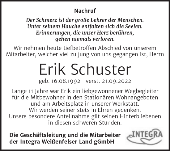 Traueranzeige von Erik Schuster von Mitteldeutsche Zeitung Weißenfels