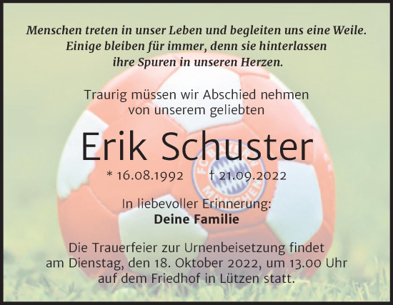 Traueranzeige von Erik Schuster von Trauerkombi Weißenfels