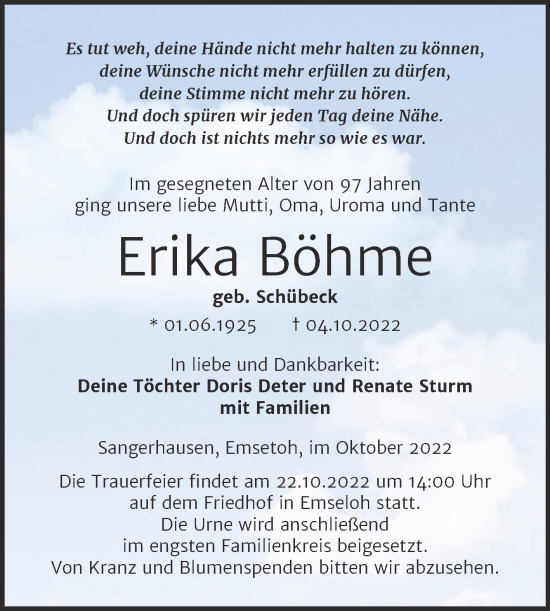 Traueranzeige von Erika Böhme von Trauerkombi Sangerhausen