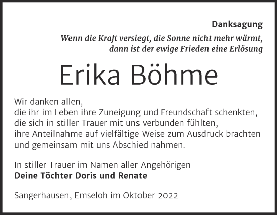 Traueranzeige von Erika Böhme von Trauerkombi Sangerhausen
