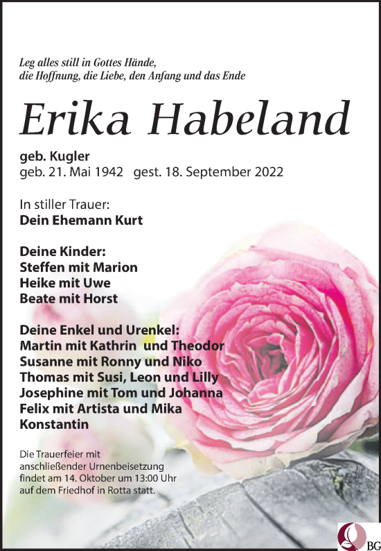 Traueranzeige von Erika Habeland von Super Sonntag Wittenberg
