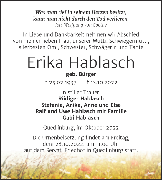 Traueranzeige von Erika Hablasch von Trauerkombi Mansfelder Land