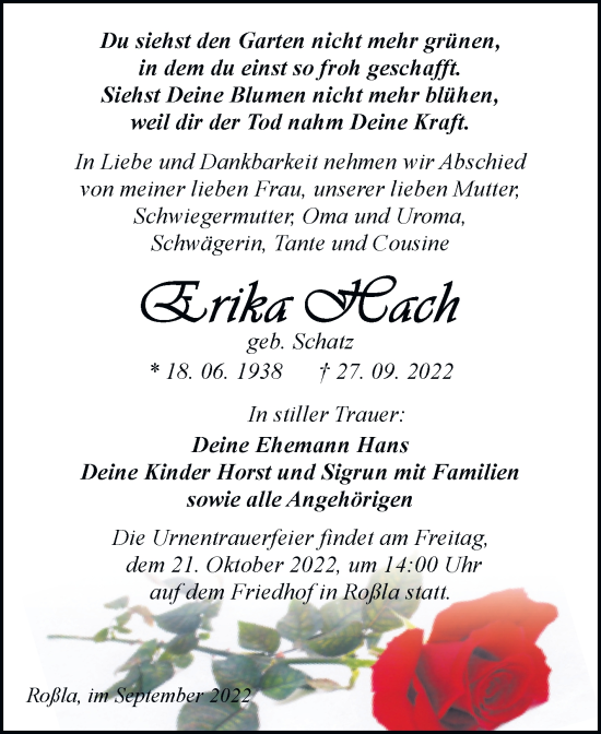 Traueranzeige von Erika Hach von Trauerkombi Sangerhausen