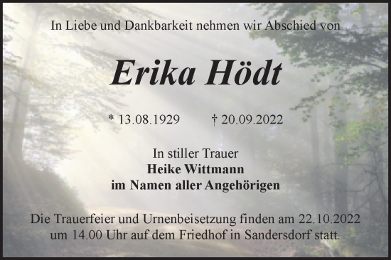 Traueranzeige von Erika Hödt von Trauerkombi Bitterfeld