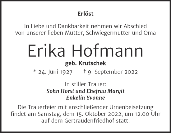Traueranzeige von Erika Hofmann von Mitteldeutsche Zeitung Halle/Saalkreis