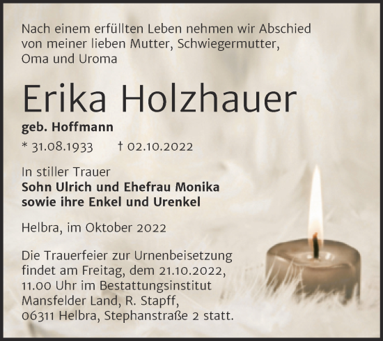 Traueranzeige von Erika Holzhauer von Trauerkombi Mansfelder Land