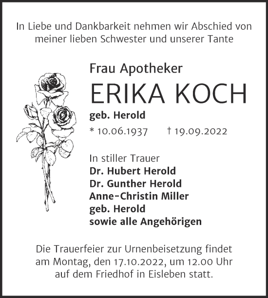 Traueranzeige von Erika Koch von Trauerkombi Mansfelder Land