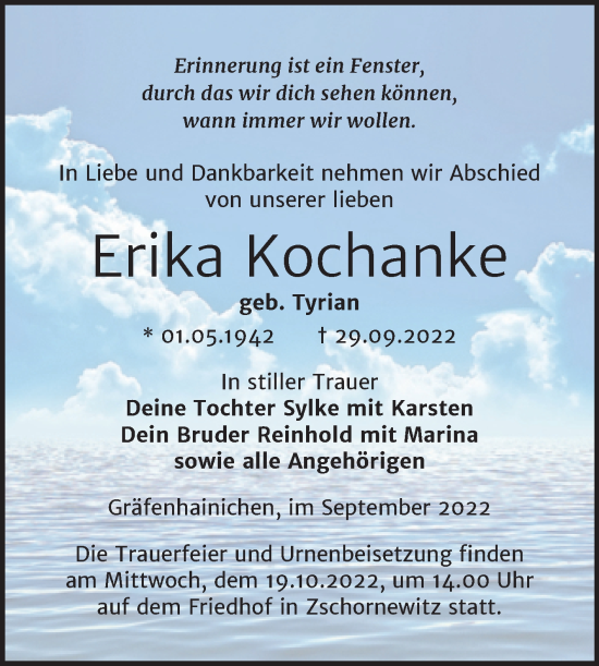 Traueranzeige von Erika Kochanke von Trauerkombi Wittenberg