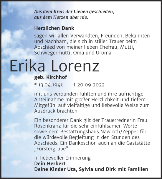 Traueranzeige von Erika Lorenz von Trauerkombi Bitterfeld