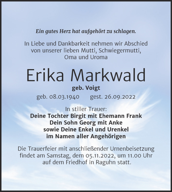 Traueranzeige von Erika Markwald von Trauerkombi Bitterfeld