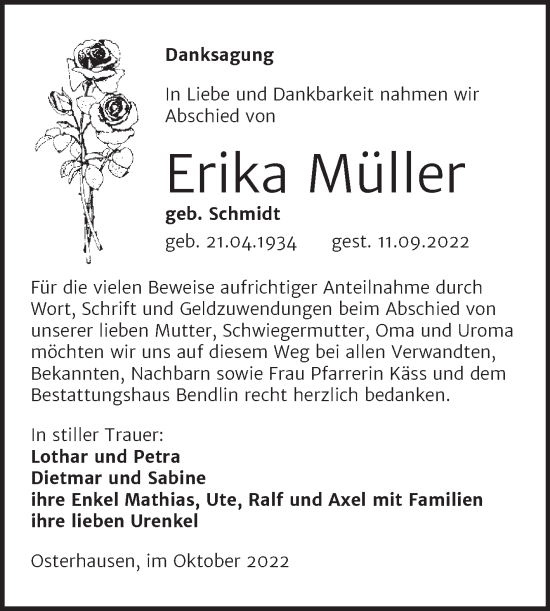 Traueranzeige von Erika Müller von Trauerkombi Mansfelder Land