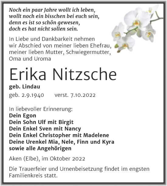 Traueranzeige von Erika Nitzsche von Trauerkombi Köthen