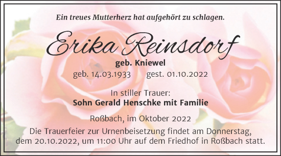 Traueranzeige von Erika Reinsdorf von Trauerkombi Merseburg