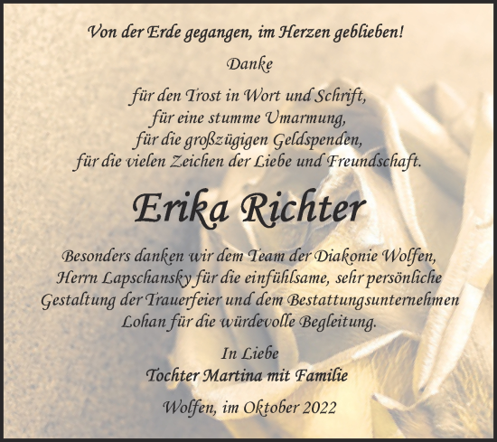 Traueranzeige von Erika Richter von Trauerkombi Bitterfeld