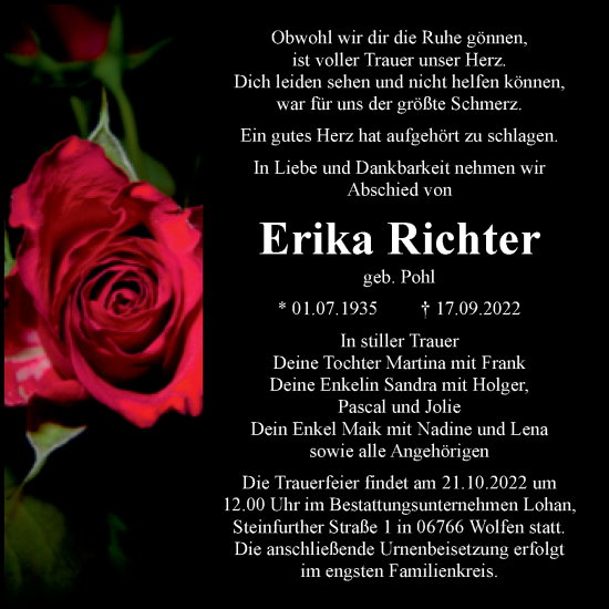 Traueranzeige von Erika Richter von Trauerkombi Bitterfeld
