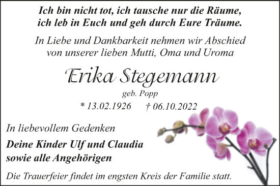 Traueranzeige von Erika Stegemann von Trauerkombi Dessau