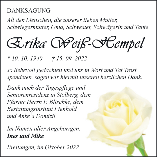 Traueranzeige von Erika Weiß-Hempel von Trauerkombi Sangerhausen