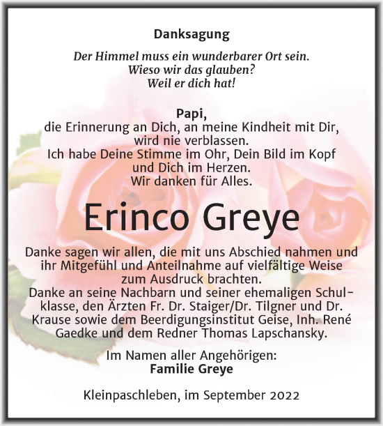 Traueranzeige von Erinco Greye von Trauerkombi Köthen