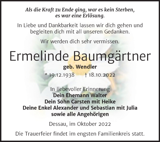 Traueranzeige von Ermelinde Baumgärtner von Trauerkombi Dessau