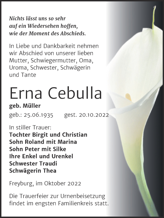 Traueranzeige von Erna Cebulla von Wochenspiegel Naumburg/Nebra