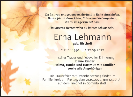Traueranzeige von Erna Lehmann von Trauerkombi Wittenberg