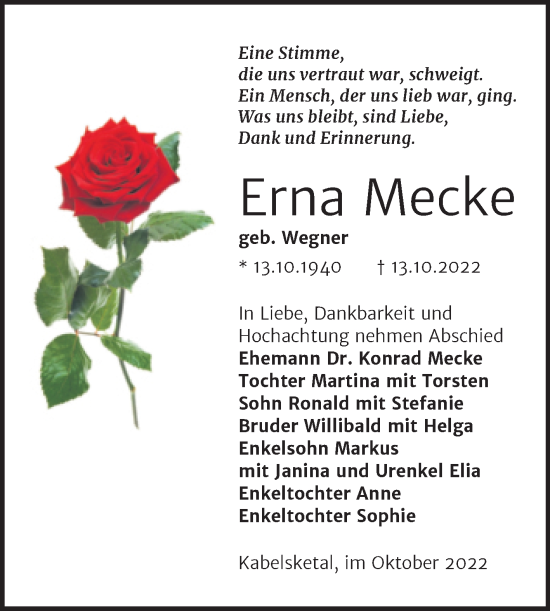 Traueranzeige von Erna Mecke von Mitteldeutsche Zeitung Halle/Saalkreis