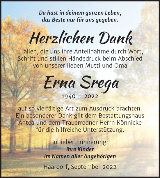 Traueranzeige von Erna Srega von Trauerkombi Zeitz