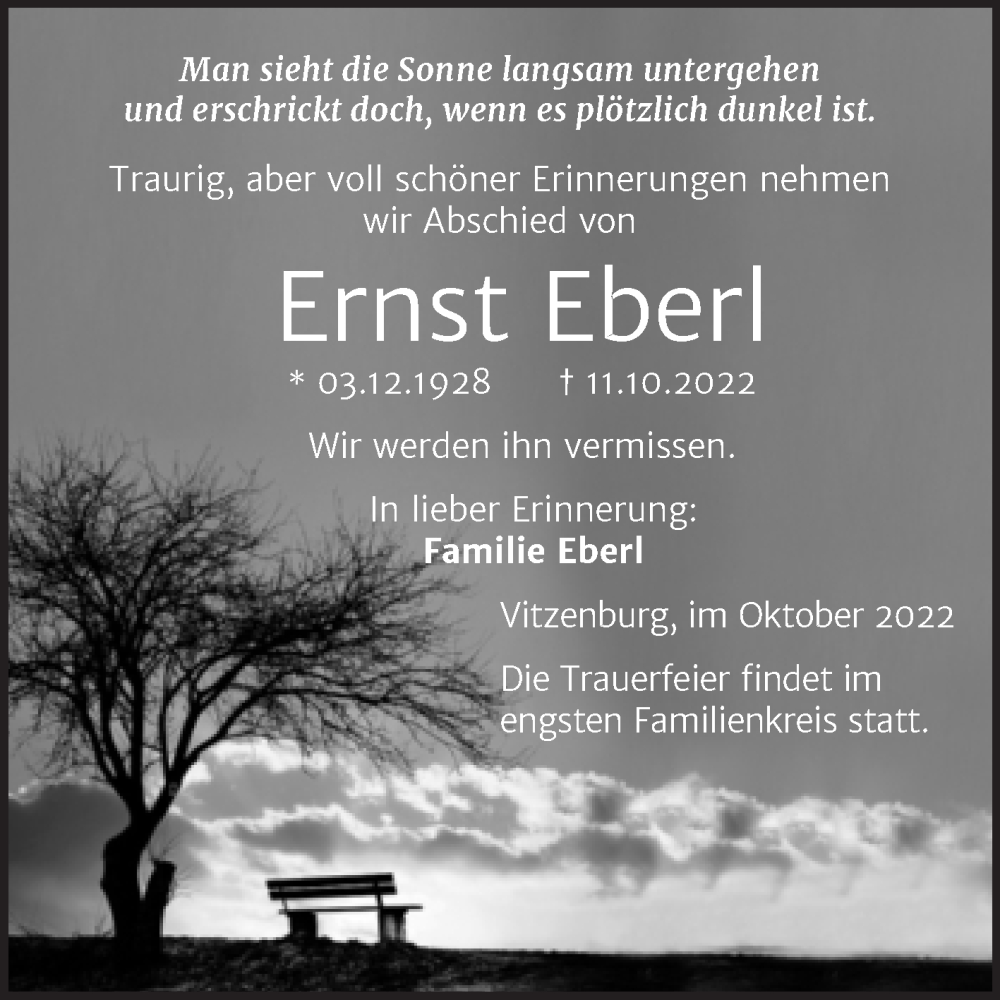 Traueranzeigen von Ernst Eberl www.abschiednehmen.de