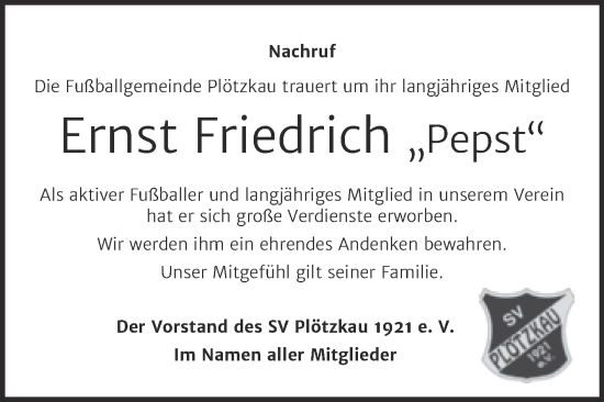 Traueranzeige von Ernst Friedrich von Super Sonntag Bernburg