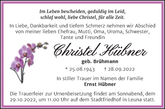 Traueranzeige von Ernst Hübner von Trauerkombi Merseburg