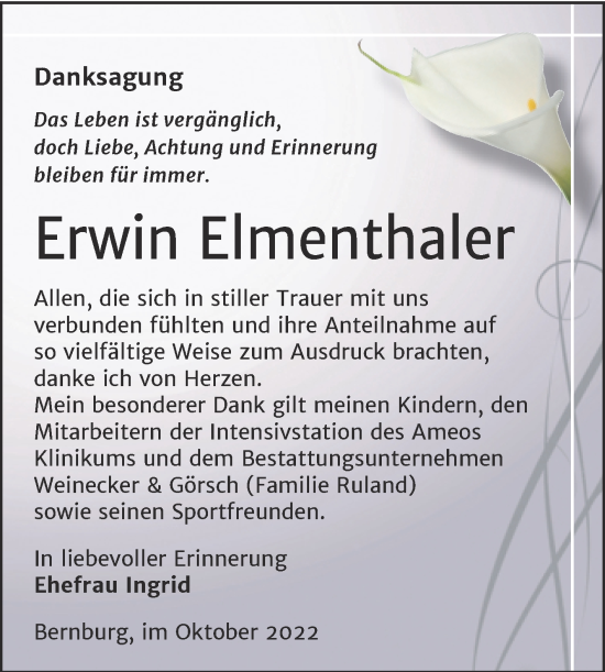 Traueranzeige von Erwin Elmenthaler von Trauerkombi Bernburg