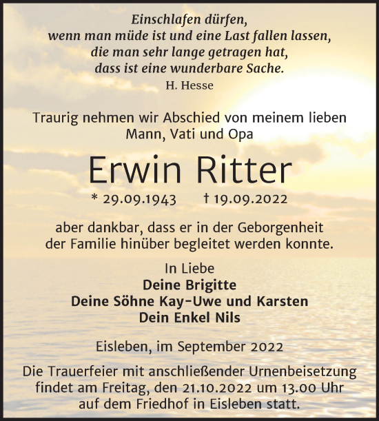Traueranzeige von Erwin Ritter von Trauerkombi Mansfelder Land