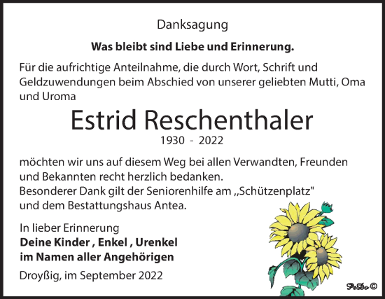 Traueranzeige von Estrid Reschenthaler von Trauerkombi Zeitz