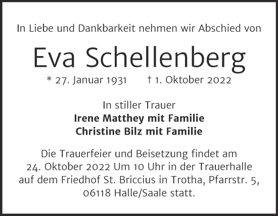 Traueranzeige von Eva Schellenberg von Mitteldeutsche Zeitung Halle/Saalkreis