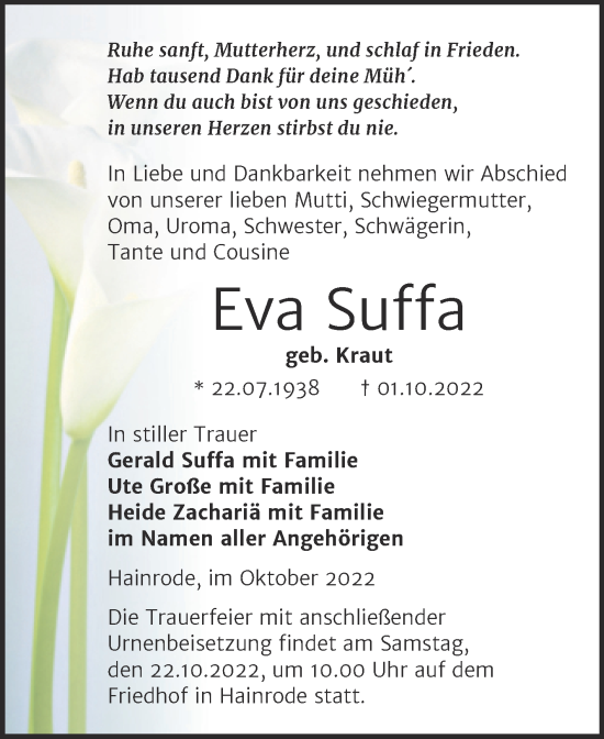 Traueranzeige von Eva Suffa von Trauerkombi Sangerhausen