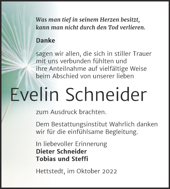 Traueranzeige von Evelin Schneider von Trauerkombi Mansfelder Land