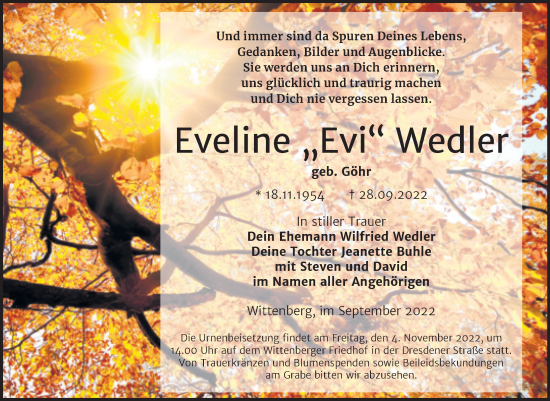 Traueranzeige von Eveline Wedler von Trauerkombi Wittenberg