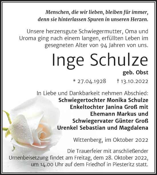 Traueranzeige von Inge Schulze von Trauerkombi Wittenberg