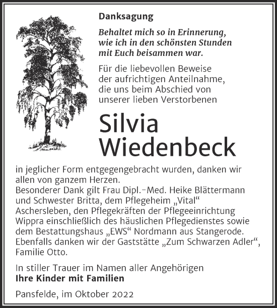 Traueranzeige von Silvia Wiedenbeck von Trauerkombi Quedlinburg
