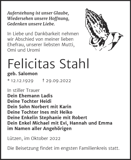 Traueranzeige von Felicitas Stahl von Trauerkombi Weißenfels