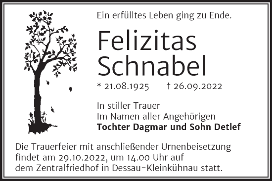 Traueranzeige von Felizitas Schnabel von Trauerkombi Dessau