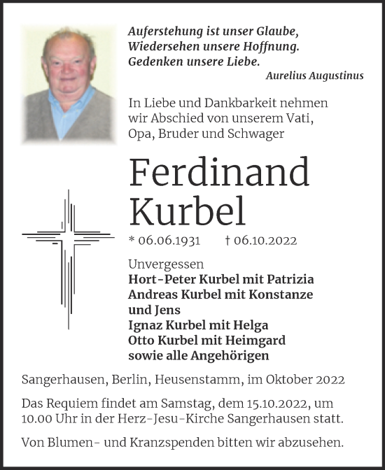 Traueranzeige von Ferdinand Kurbel von Mitteldeutsche Zeitung Sangerhausen