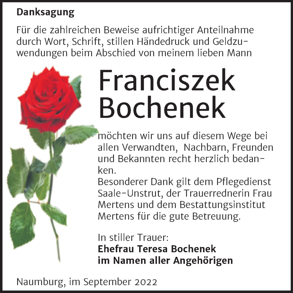  Traueranzeige für Franciszek Bochenek vom 05.10.2022 aus Wochenspiegel Naumburg/Nebra