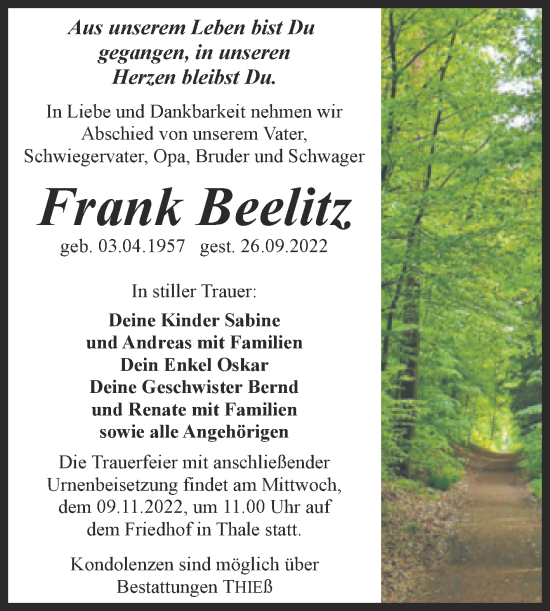 Traueranzeige von Frank Beelitz von Trauerkombi Quedlinburg