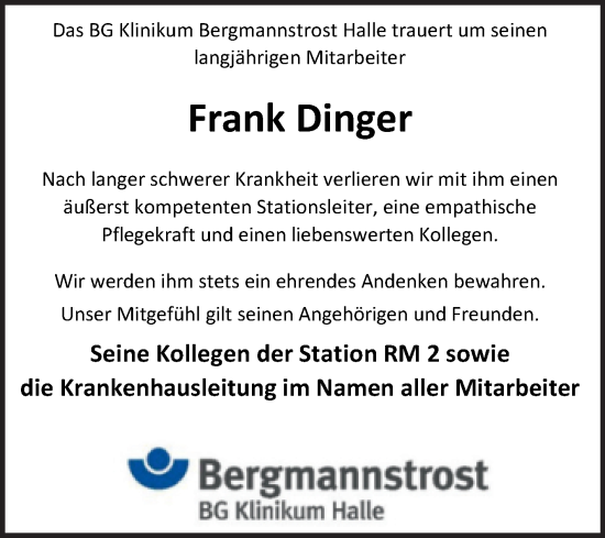Traueranzeige von Frank Dinger von Mitteldeutsche Zeitung Halle/Saalkreis