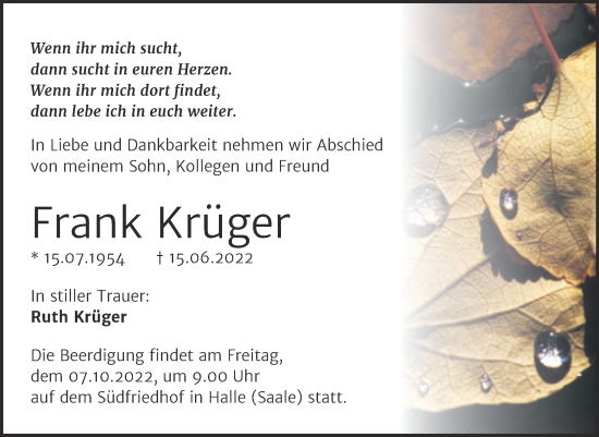 Traueranzeige von Frank Krüger von Mitteldeutsche Zeitung Halle/Saalkreis