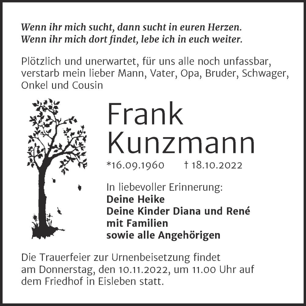 Traueranzeige für Frank Kunzmann vom 29.10.2022 aus Trauerkombi Mansfelder Land