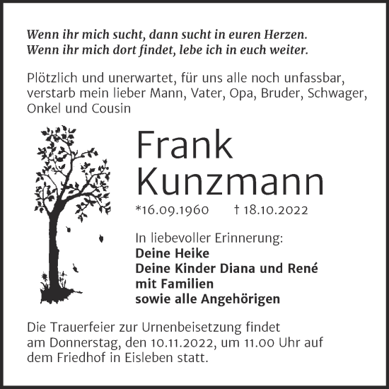 Traueranzeige von Frank Kunzmann von Trauerkombi Mansfelder Land
