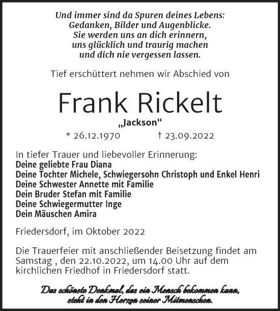 Traueranzeige von Frank Rickelt von Trauerkombi Bitterfeld