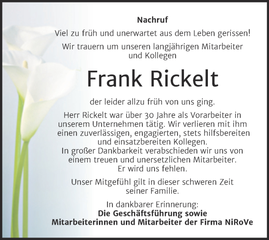 Traueranzeige von Frank Rickelt von Mitteldeutsche Zeitung